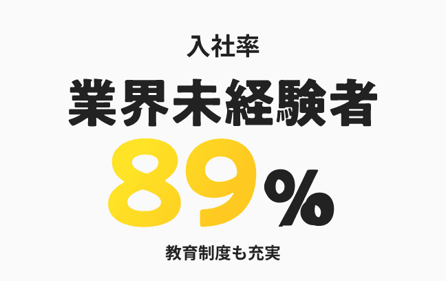 入社率　業界未経験者　89%　教育制度も充実